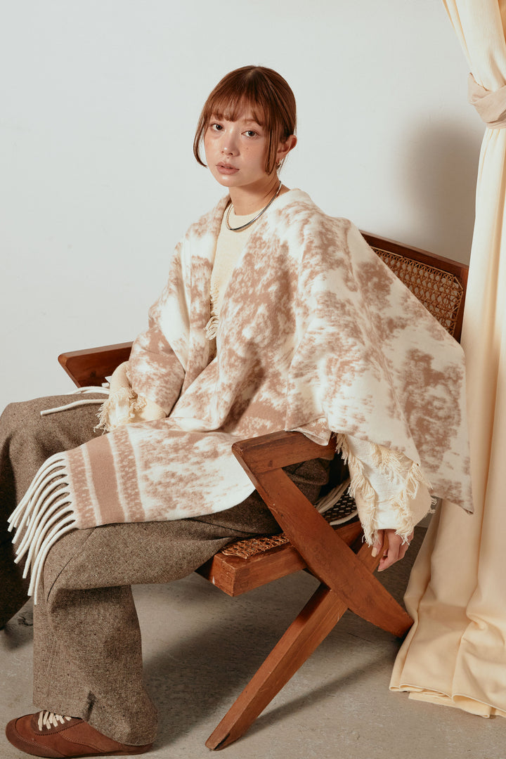 裾フリンジジャガード柄ポンチョアウター/アイボリー