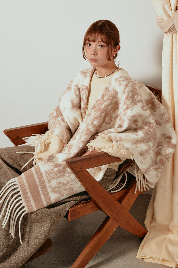 裾フリンジジャガード柄ポンチョアウター/アイボリー