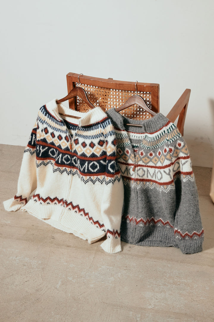 ノルディック柄ジップニットトップス/アプリコット