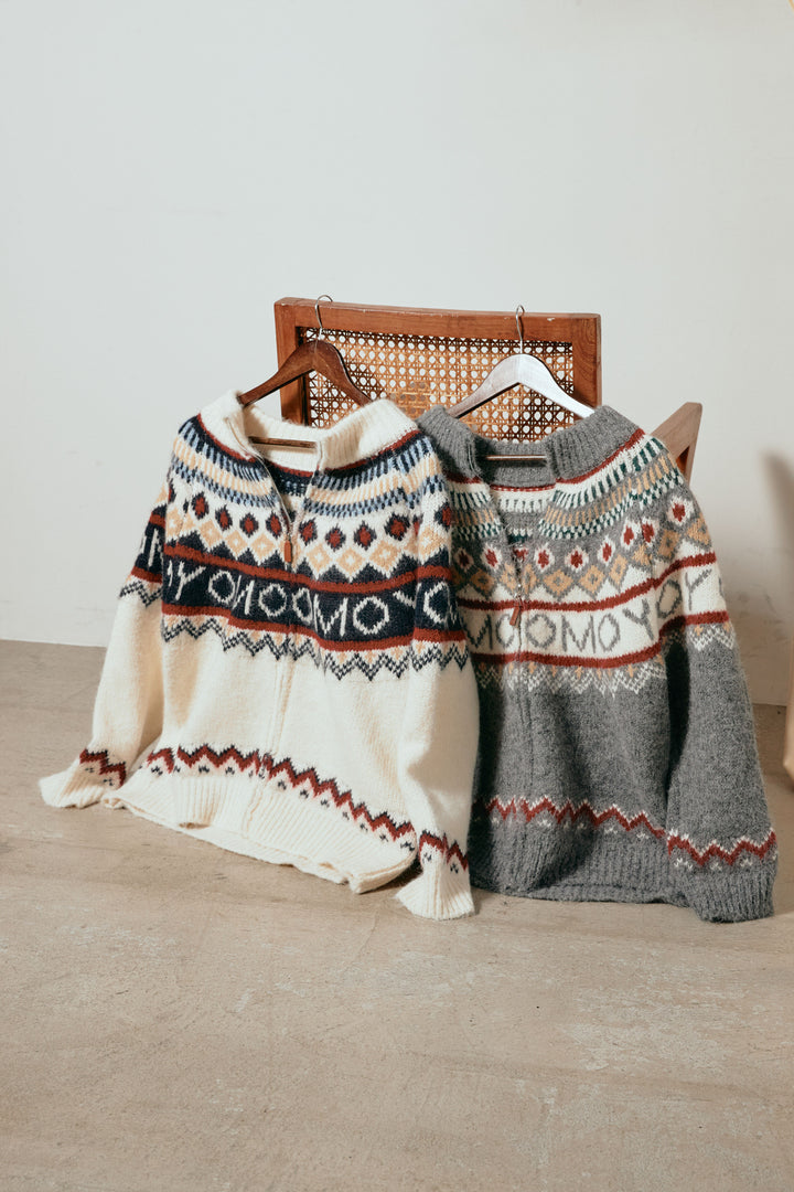 ノルディック柄ジップニットトップス/アプリコット