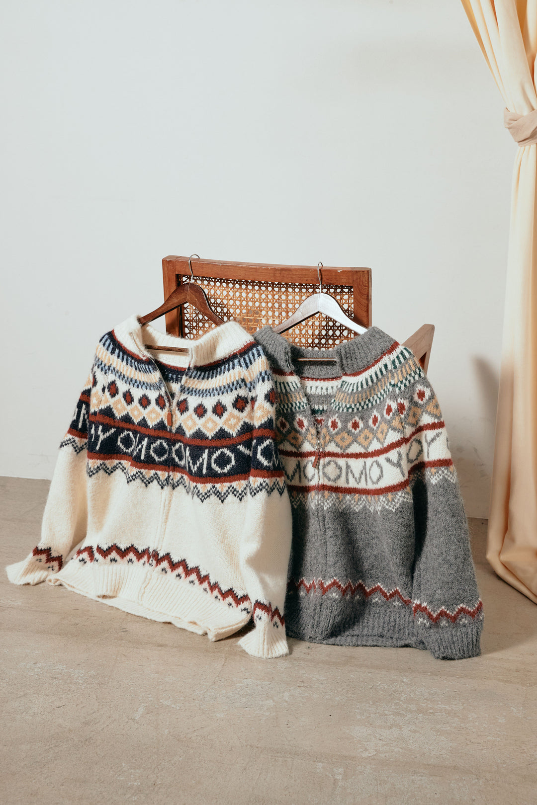 ノルディック柄ジップニットトップス/アプリコット