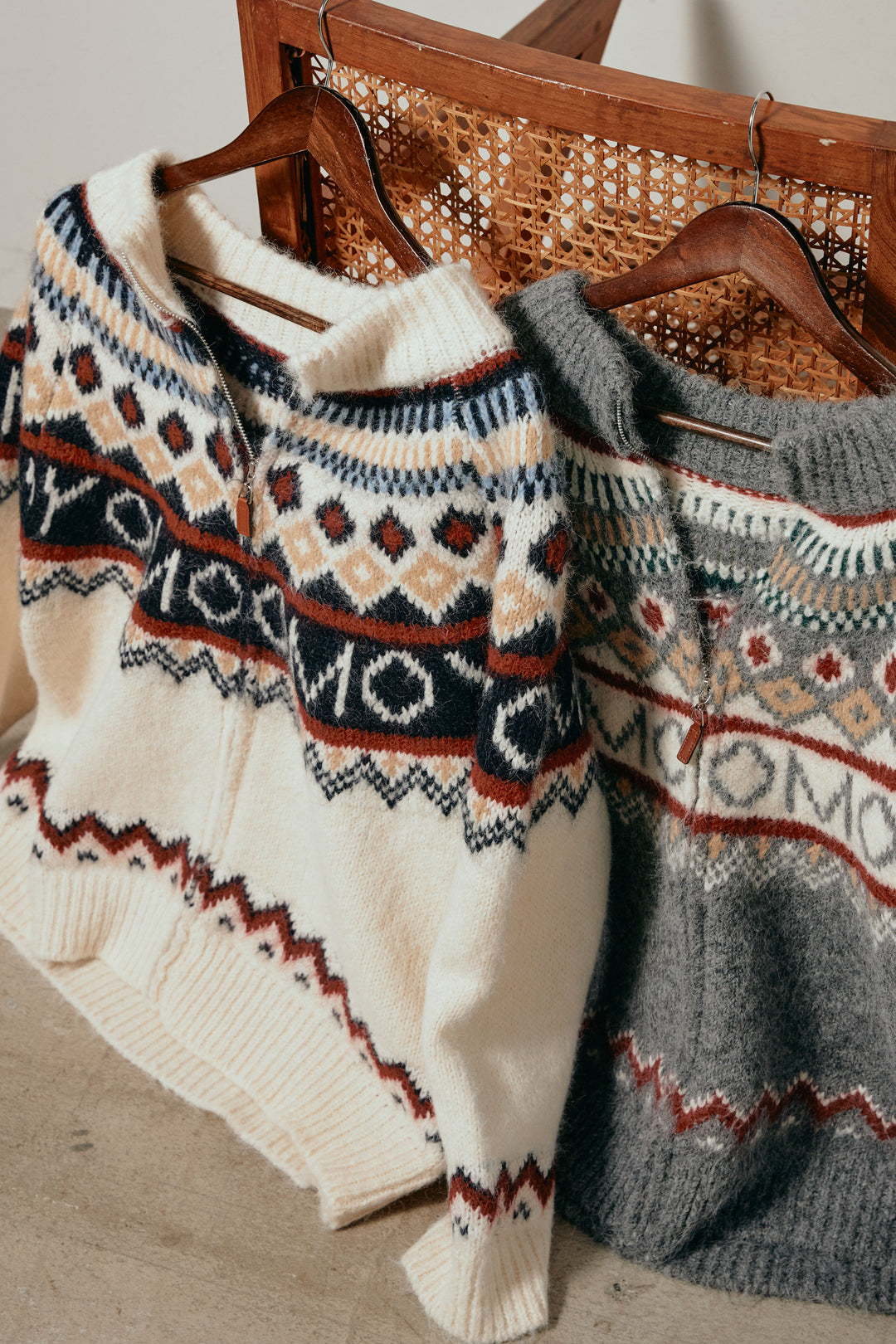 ノルディック柄ジップニットトップス/アプリコット