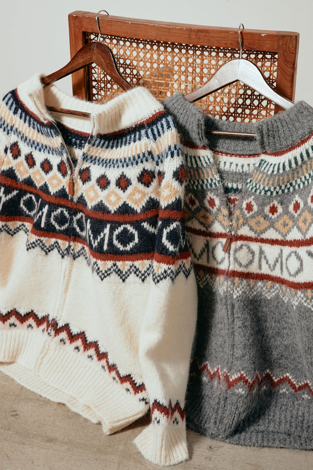 ノルディック柄ジップニットトップス/アプリコット