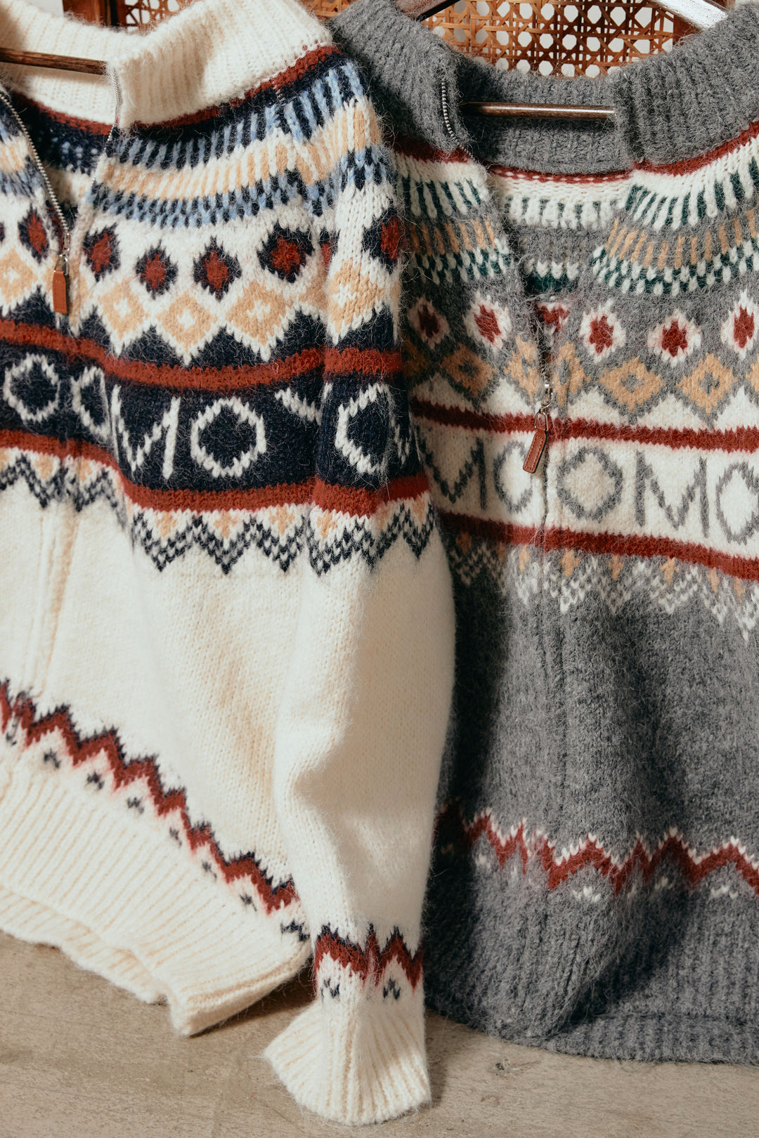 ノルディック柄ジップニットトップス/アプリコット