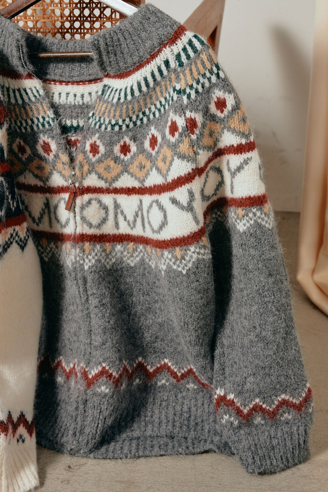 ノルディック柄ジップニットトップス/アプリコット