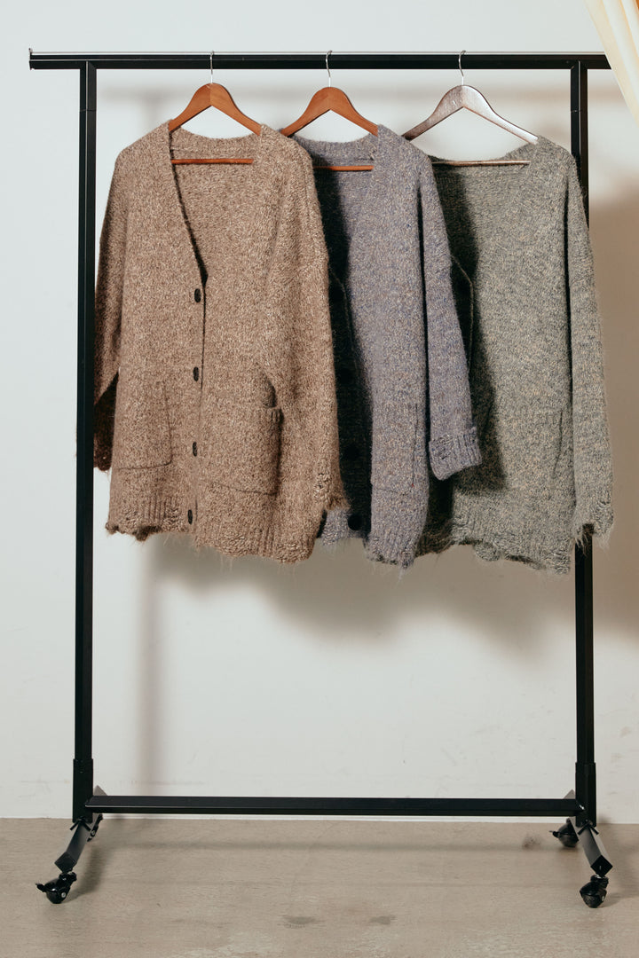 Vネックミックスニットカーディガン/ブラウン