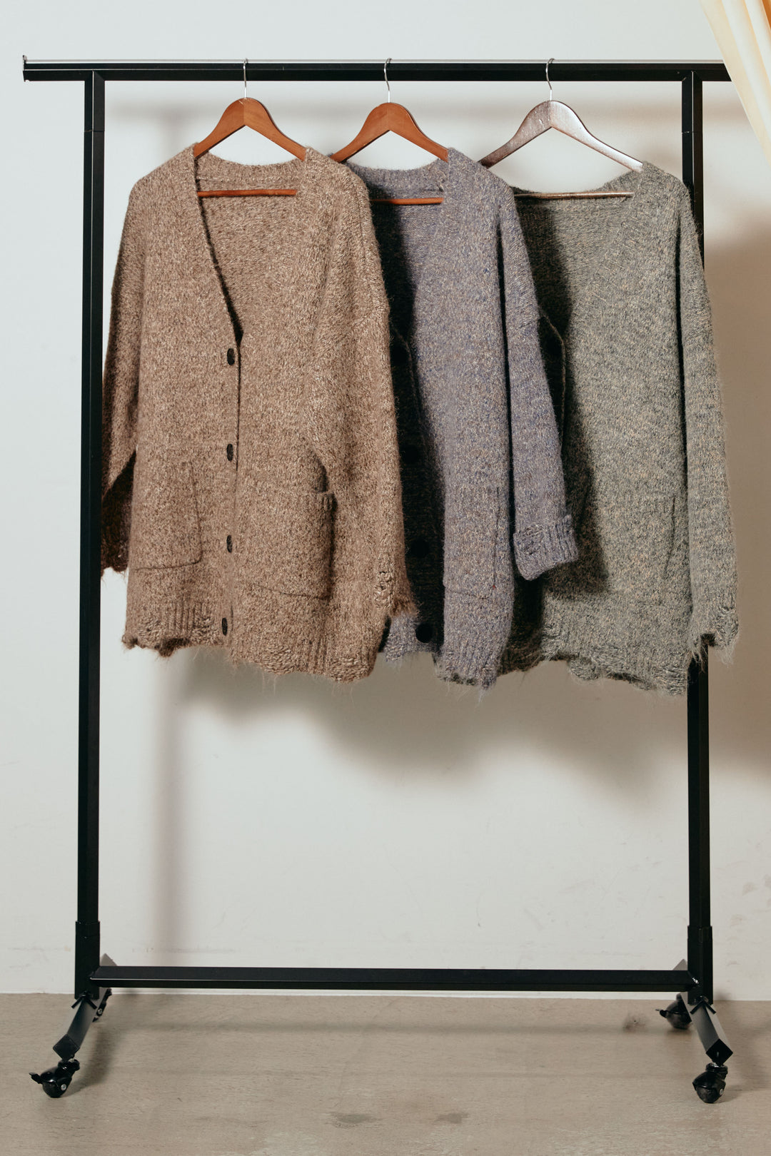 Vネックミックスニットカーディガン/グリーン