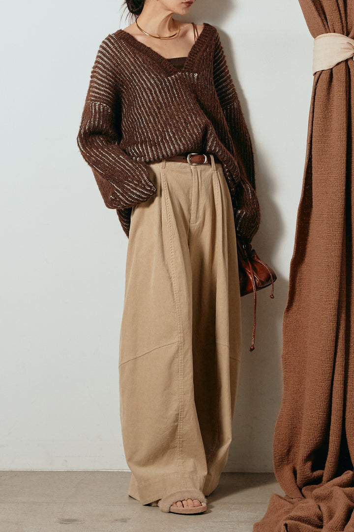 [SET]アルパカタッチ深Vニットトップス+タック入りコーデュロイワイドパンツ(2set)