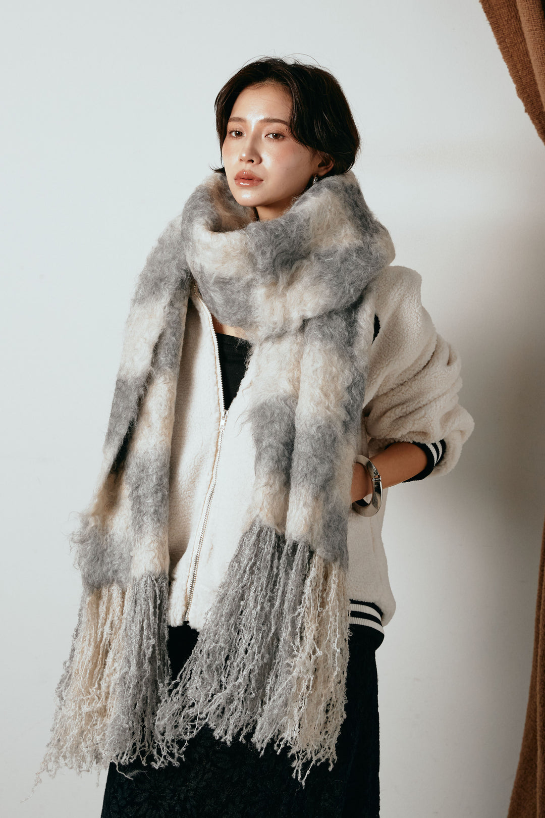 起毛チェックマフラー/ベージュグレー