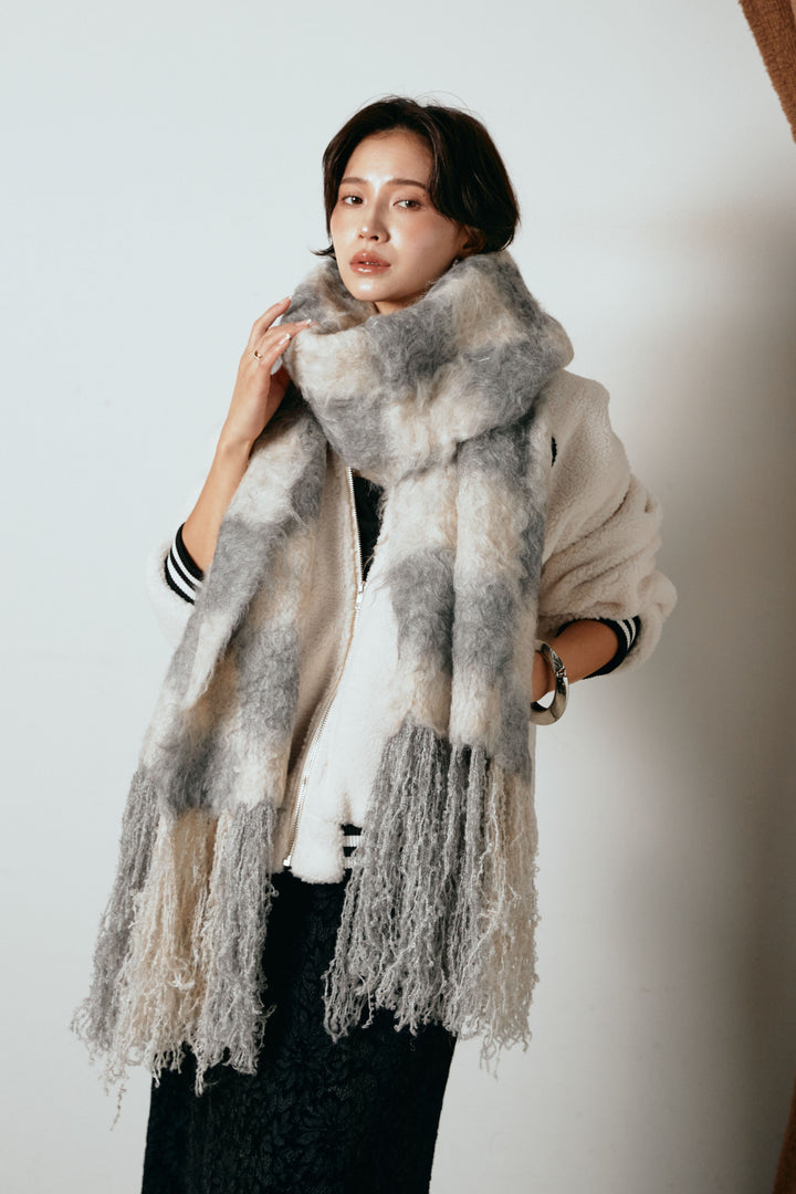 起毛チェックマフラー/ベージュグレー