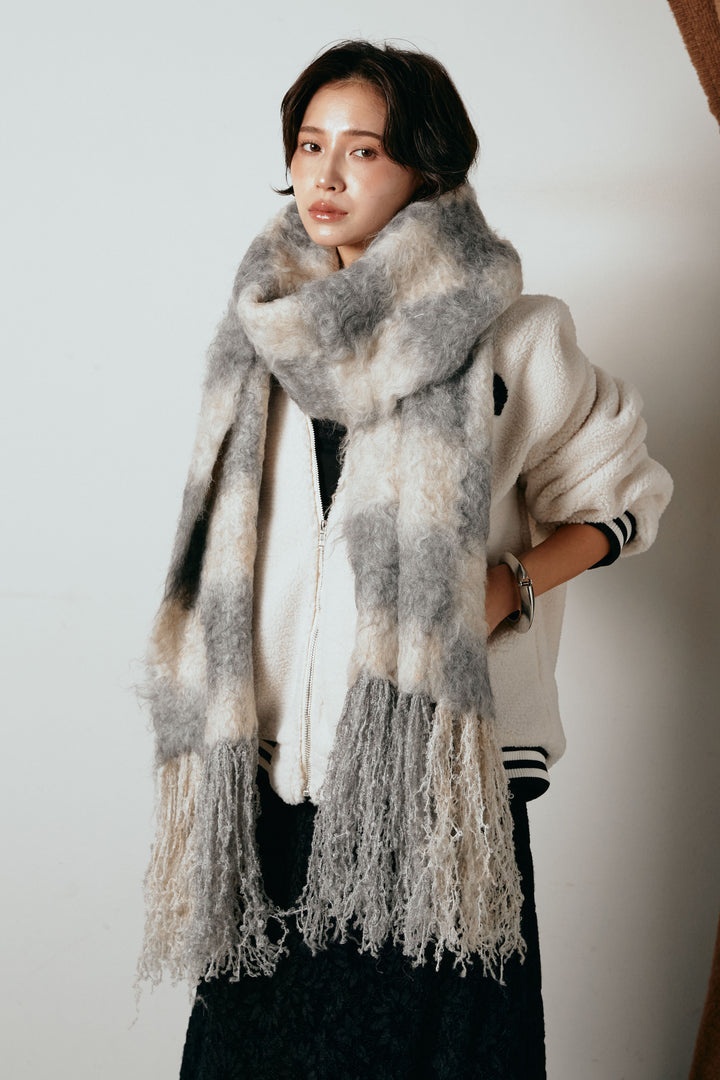 起毛チェックマフラー/ベージュグレー