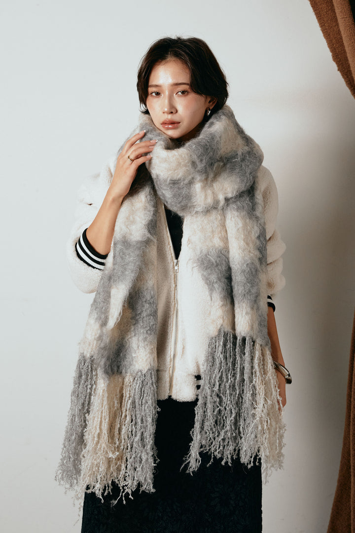 起毛チェックマフラー/ベージュグレー