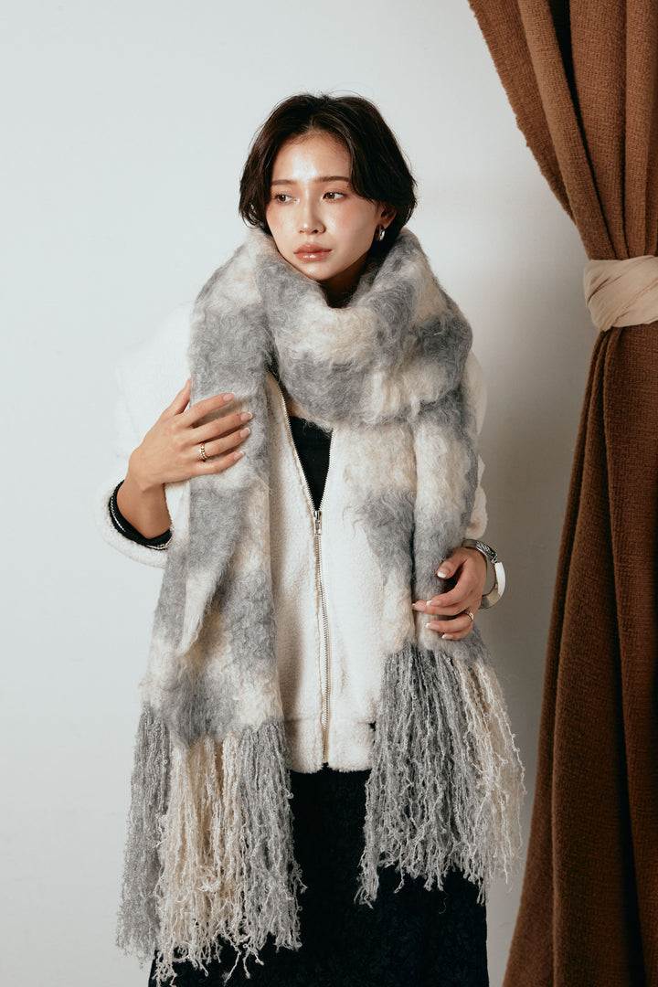 起毛チェックマフラー/ベージュグレー