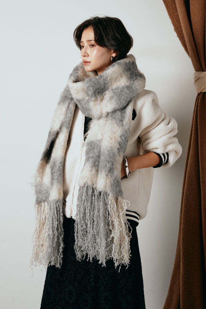 起毛チェックマフラー/ベージュグレー