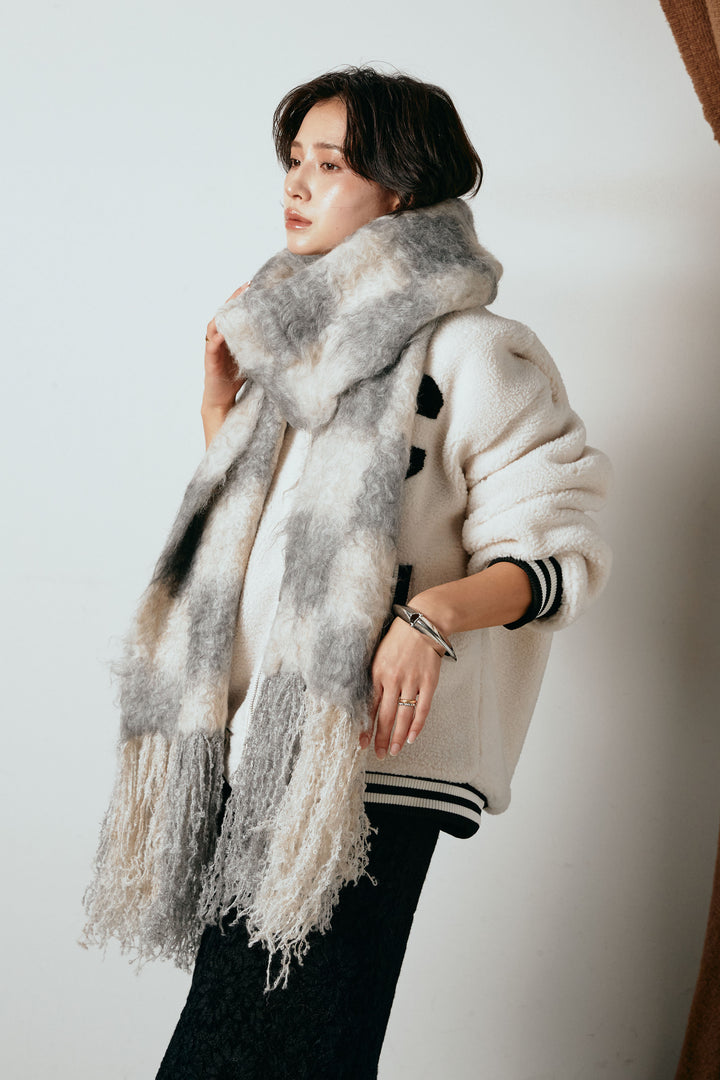 起毛チェックマフラー/ベージュグレー