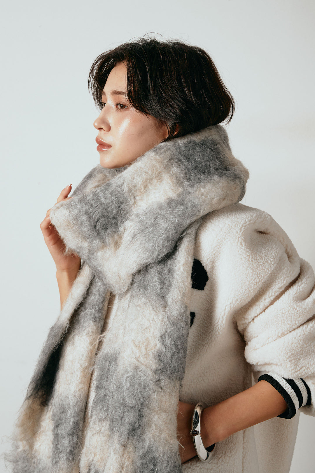 起毛チェックマフラー/ベージュグレー