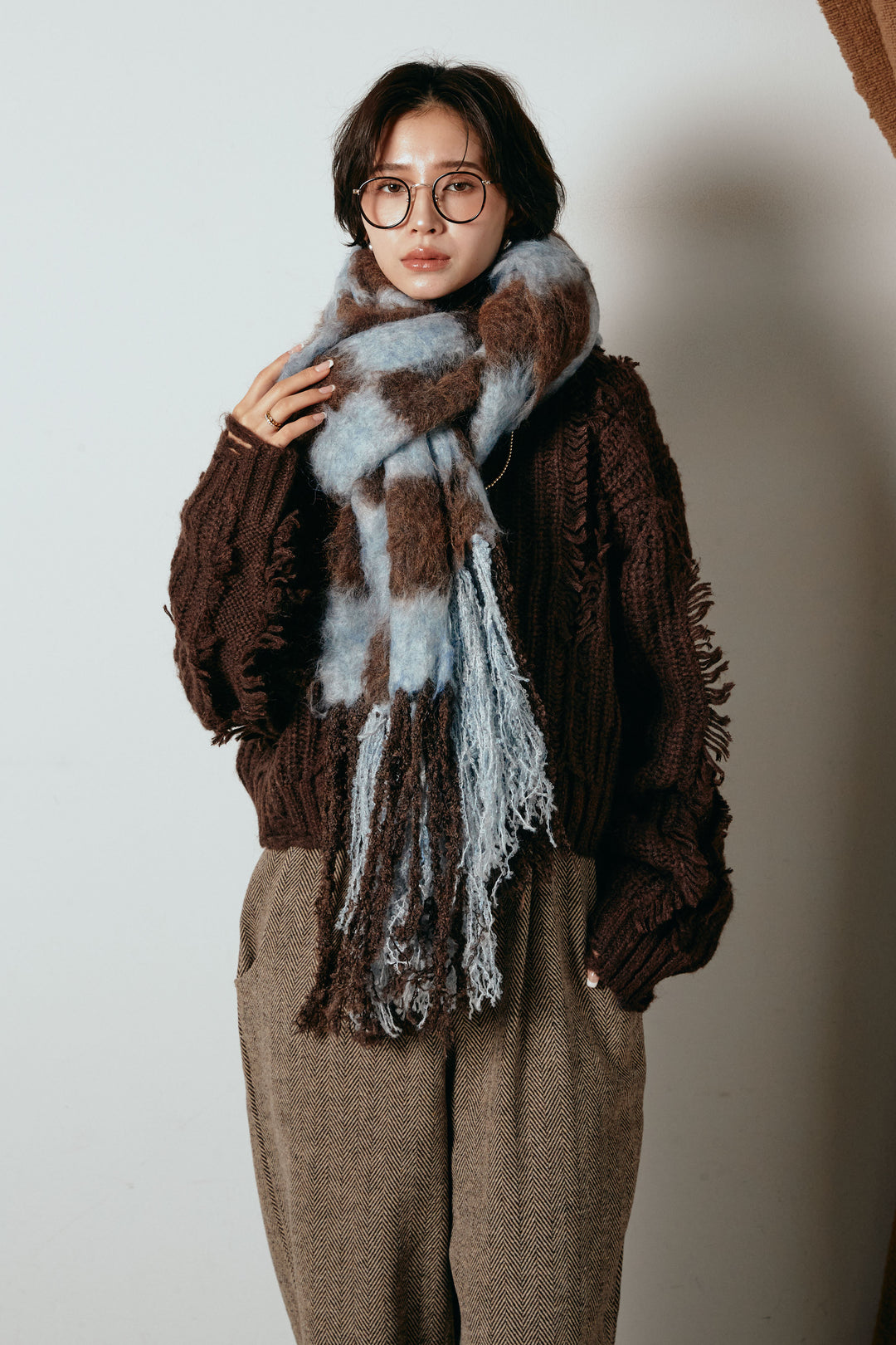 起毛チェックマフラー/ブルーブラウン