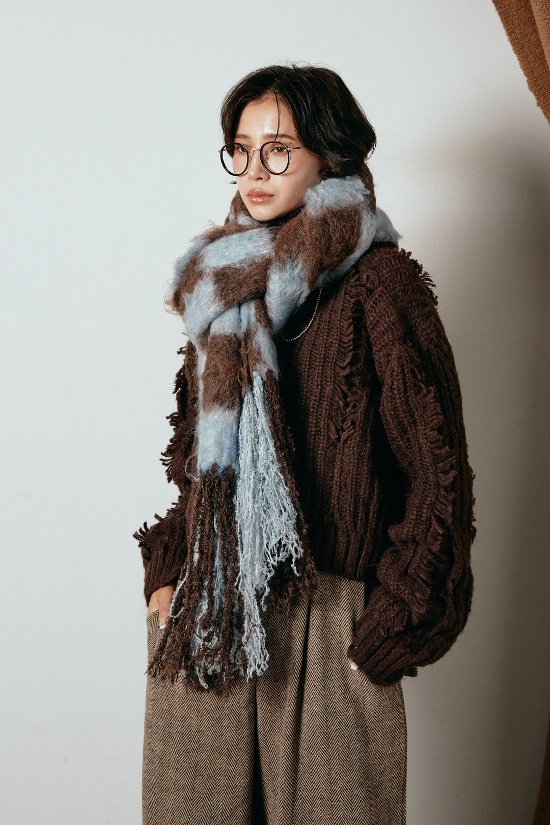 起毛チェックマフラー/ブルーブラウン