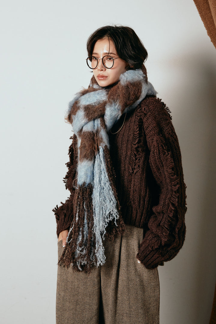 起毛チェックマフラー/ブルーブラウン