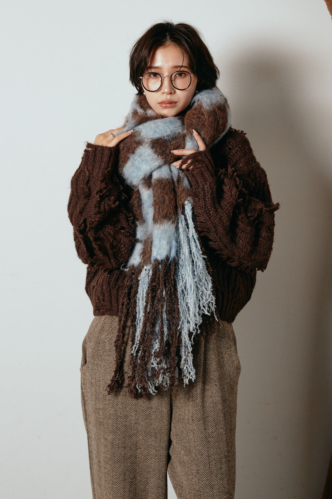 起毛チェックマフラー/ブルーブラウン