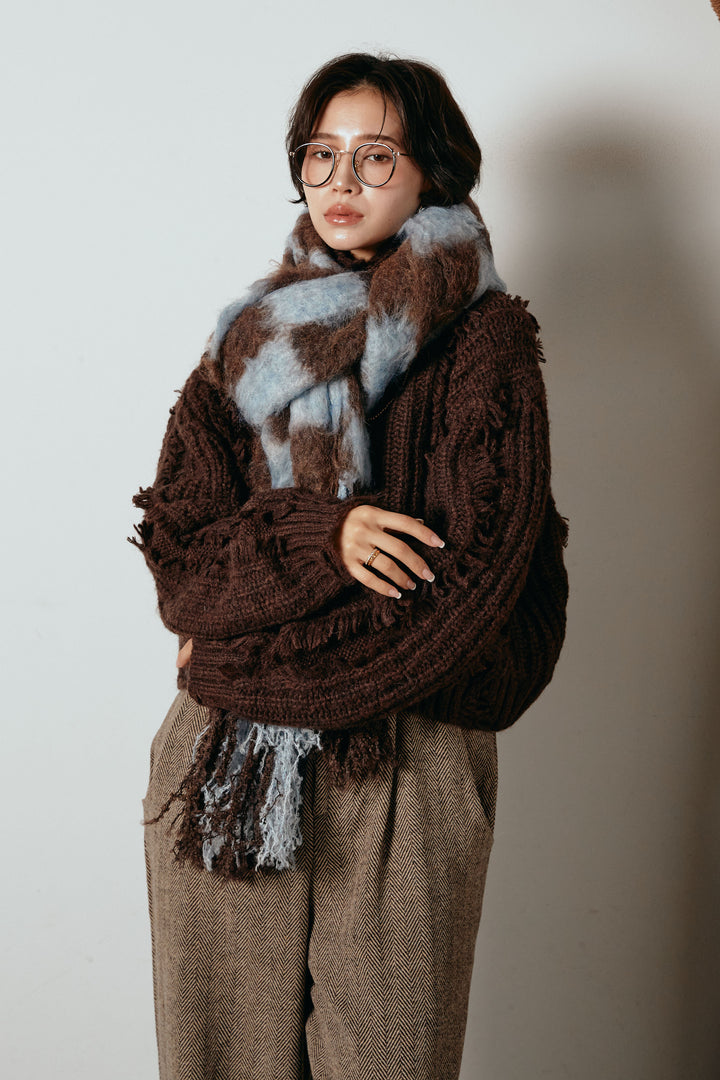 起毛チェックマフラー/ブルーブラウン