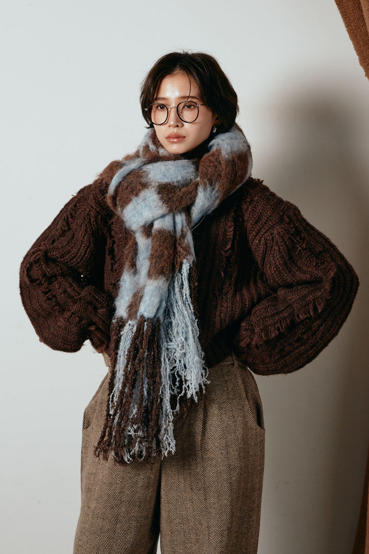 起毛チェックマフラー/ブルーブラウン