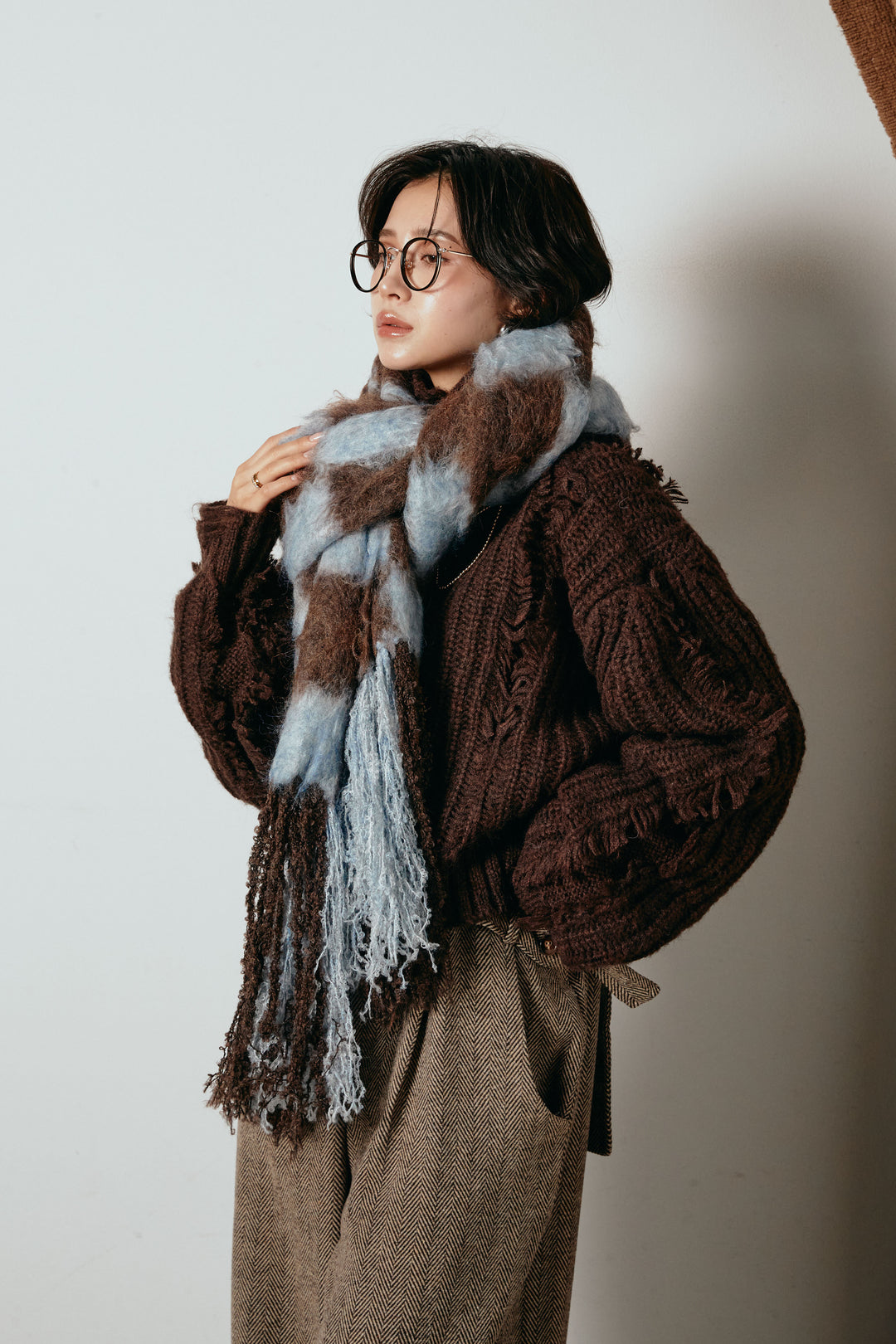 起毛チェックマフラー/ブルーブラウン