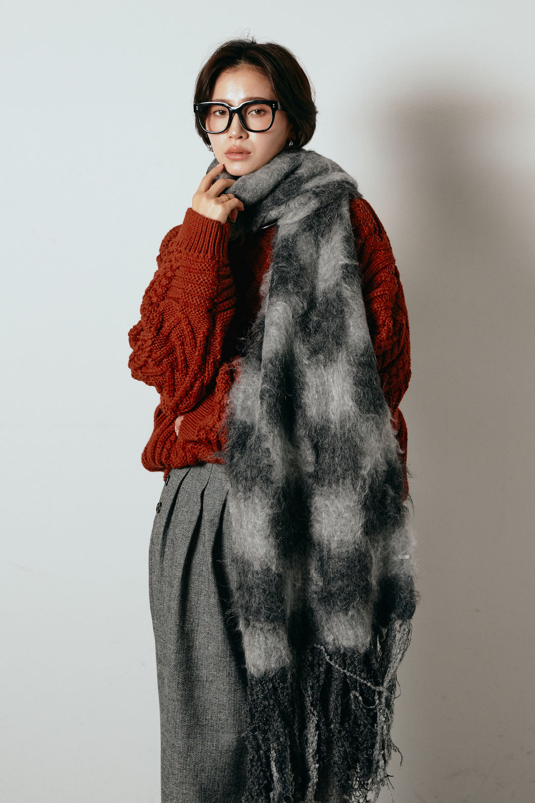 起毛チェックマフラー/グレーブラック