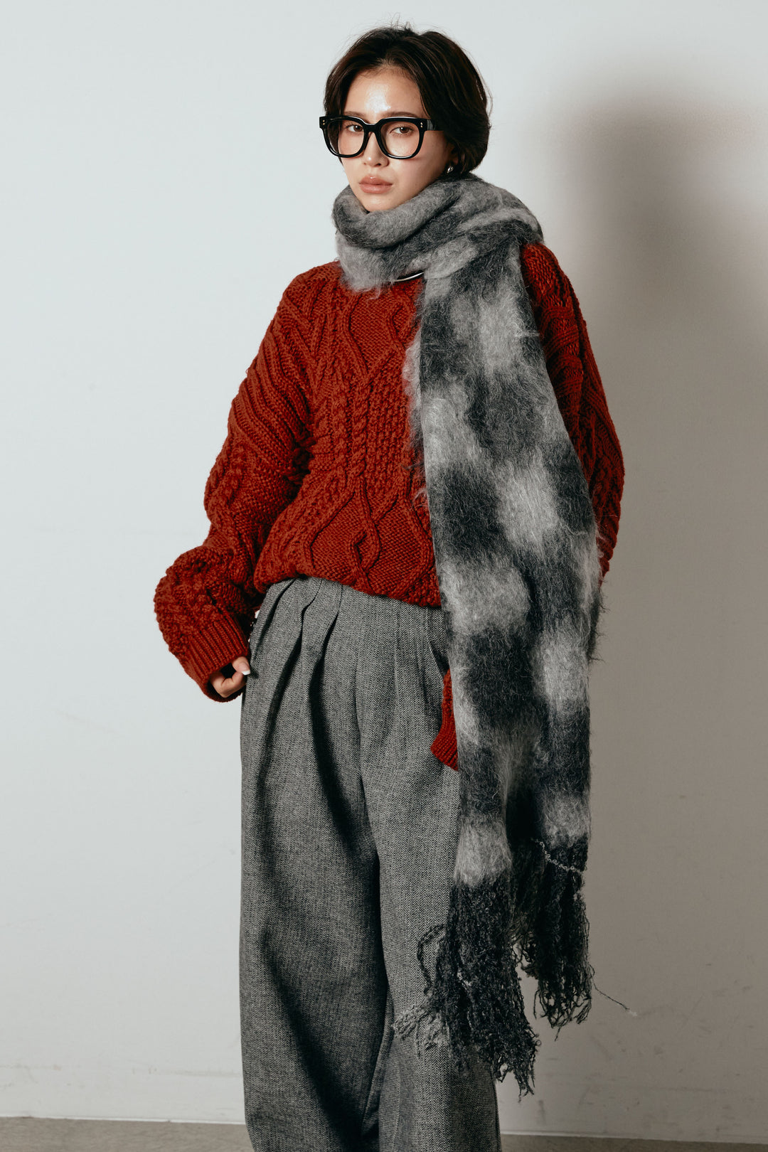 起毛チェックマフラー/グレーブラック