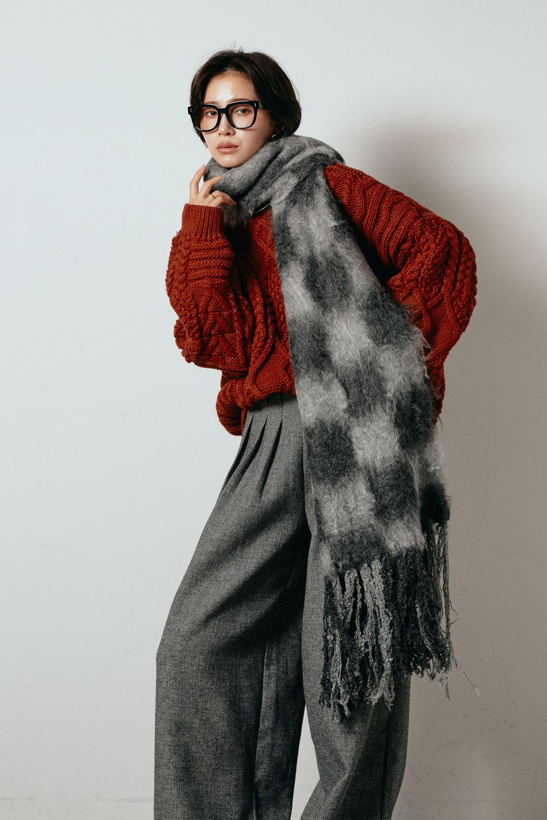 起毛チェックマフラー/グレーブラック