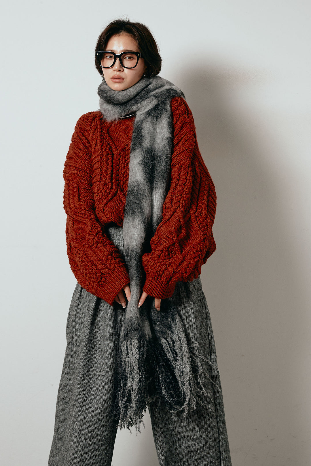 起毛チェックマフラー/グレーブラック