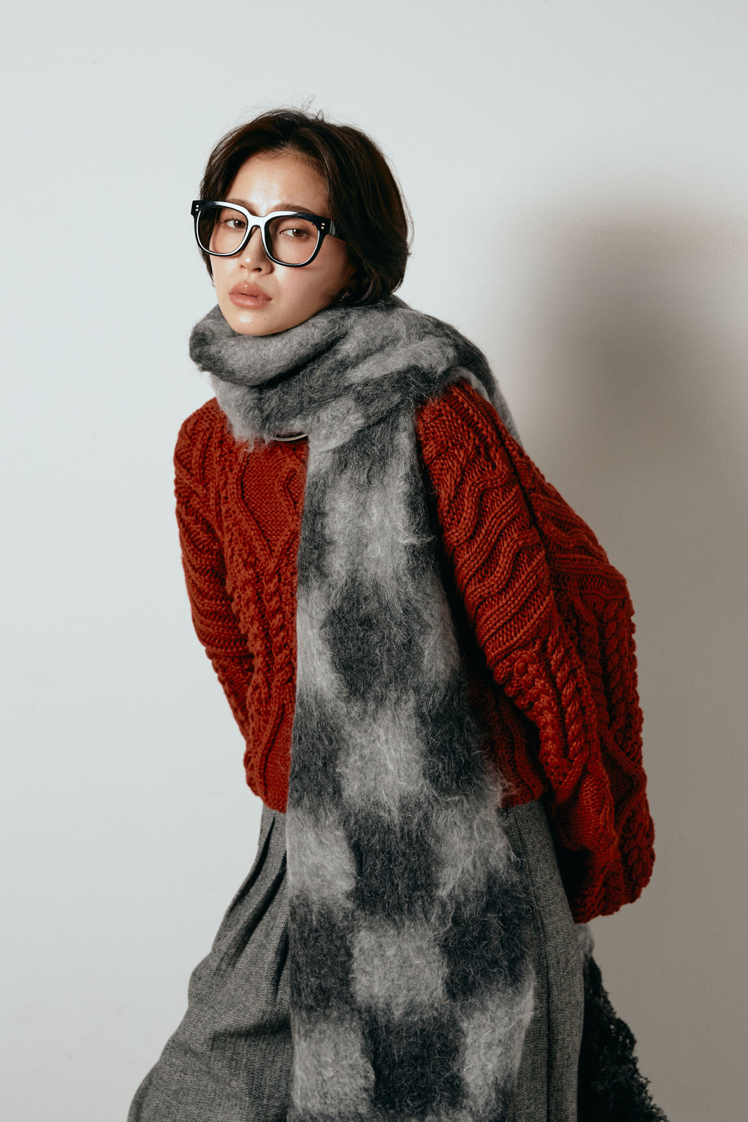 起毛チェックマフラー/グレーブラック