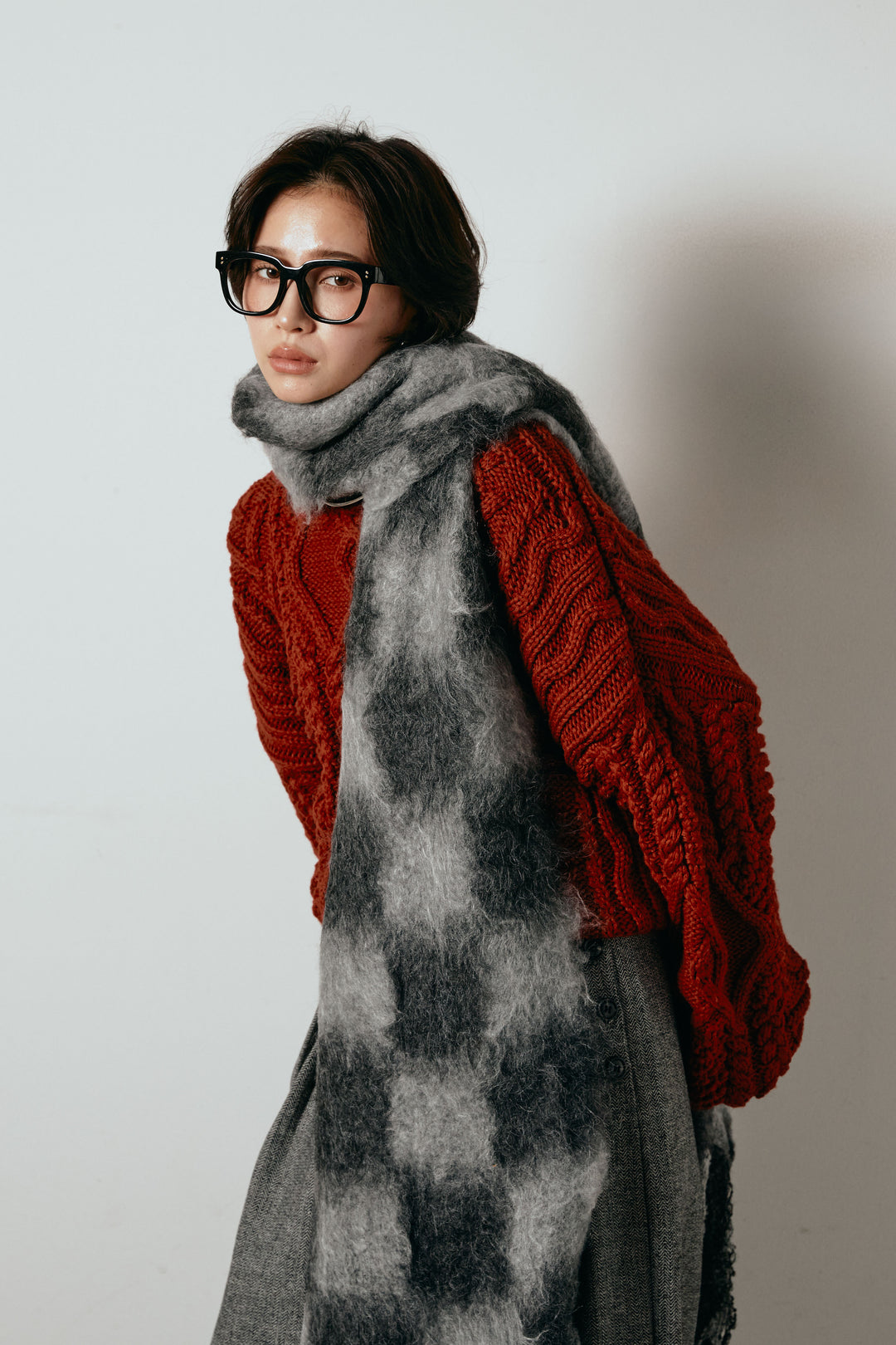 起毛チェックマフラー/グレーブラック