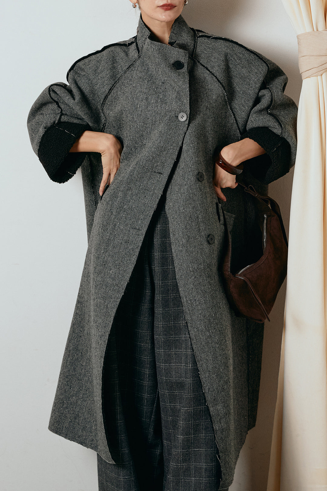[SET]裏地ボアハイネックロングアウター+ウールライクチェックタックパンツ(2set)