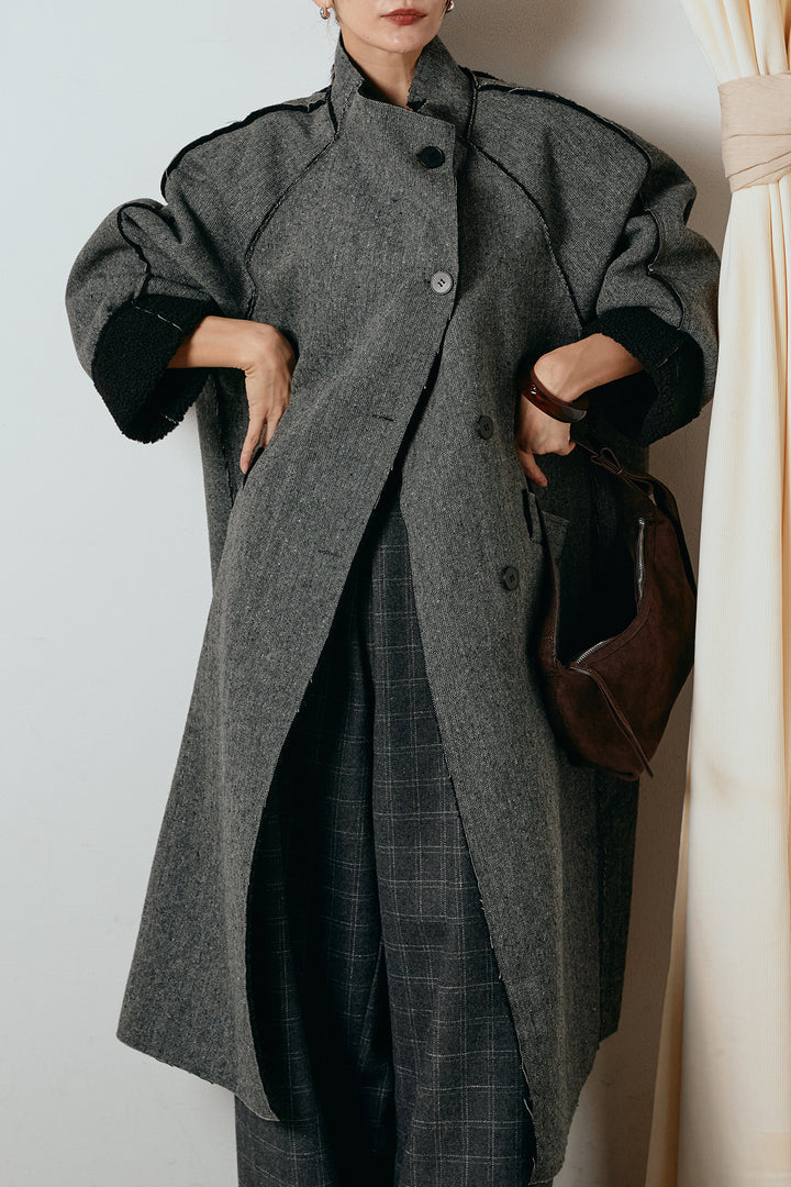 [SET]裏地ボアハイネックロングアウター+ウールライクチェックタックパンツ(2set)