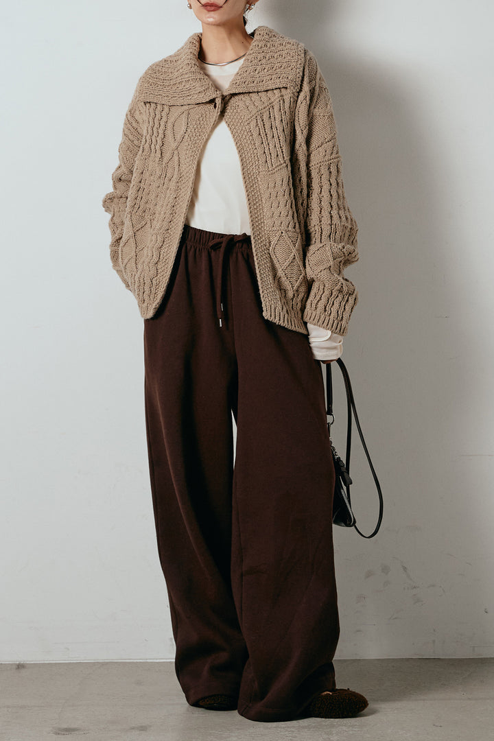[SET]ビッグカラーケーブル編みニットトップス+2WAY袖コード刺繍クルーネックプルオーバー+フェイクレザー太ベルト付きタックワイドパンツ(3set)