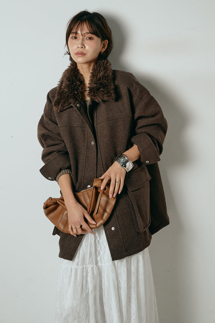 エコウール衿ファー薄中綿入りミドルカバーオール