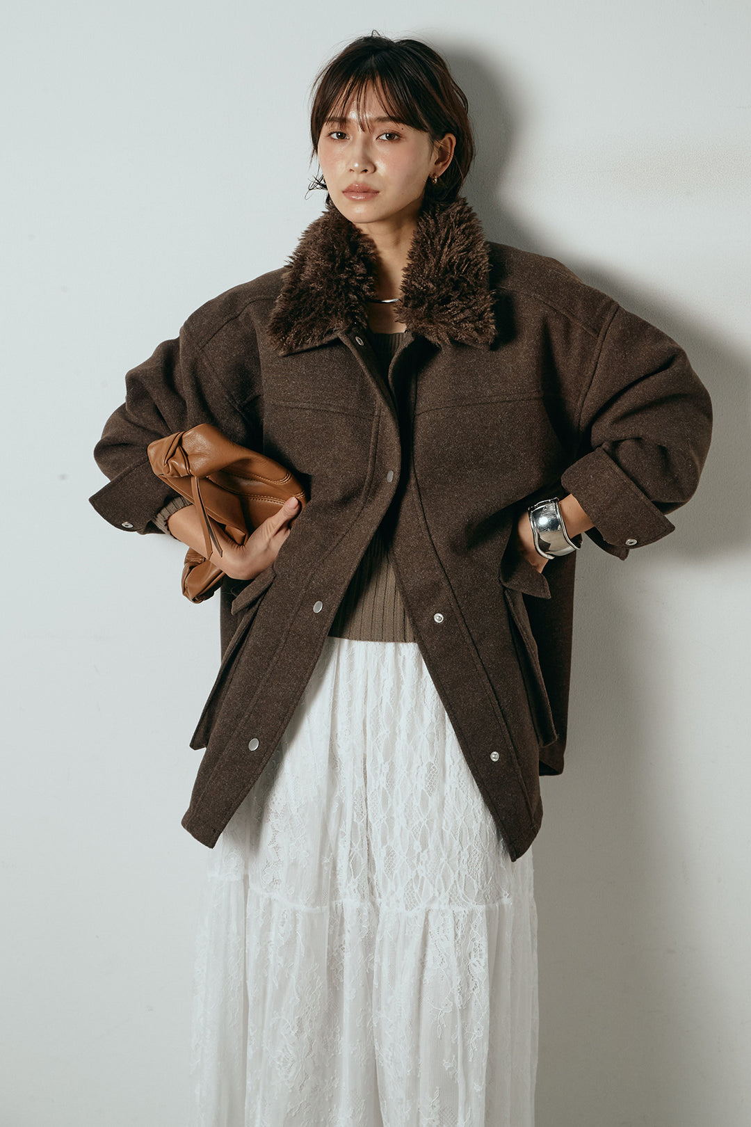 エコウール衿ファー薄中綿入りミドルカバーオール