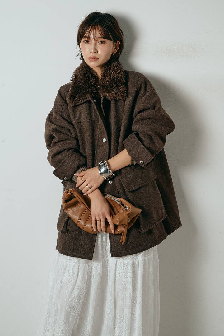 エコウール衿ファー薄中綿入りミドルカバーオール