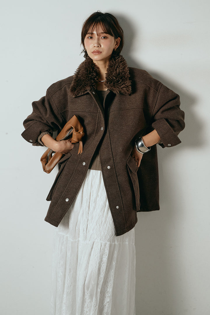 エコウール衿ファー薄中綿入りミドルカバーオール