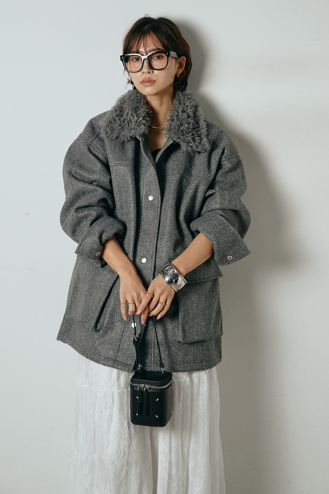 エコウール衿ファー薄中綿入りミドルカバーオール