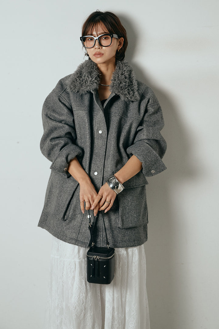 エコウール衿ファー薄中綿入りミドルカバーオール