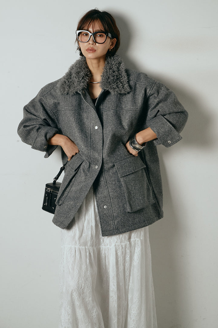 エコウール衿ファー薄中綿入りミドルカバーオール