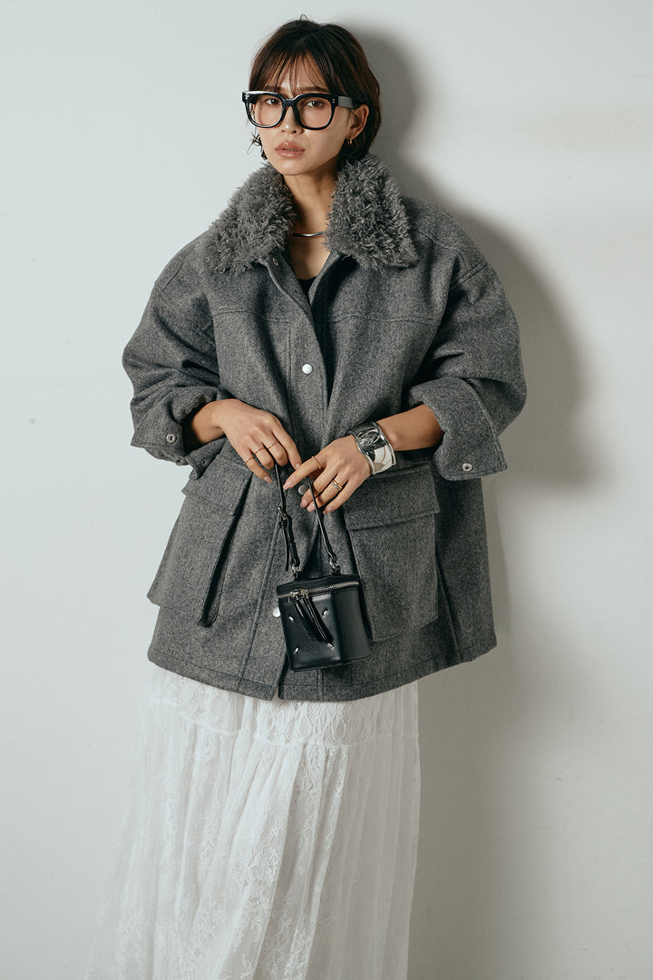 エコウール衿ファー薄中綿入りミドルカバーオール