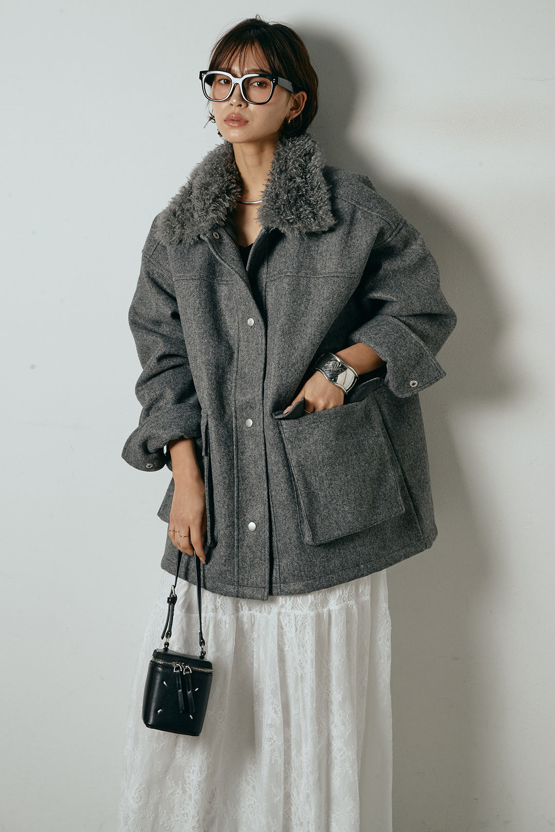 エコウール衿ファー薄中綿入りミドルカバーオール