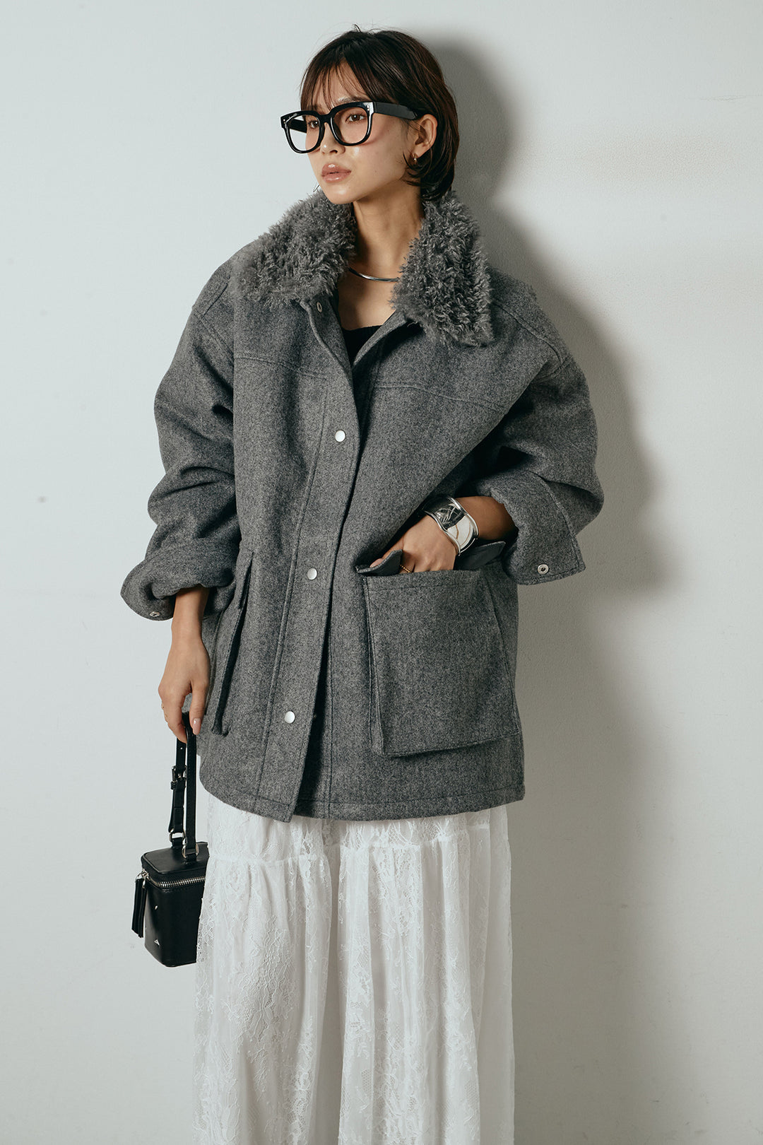 エコウール衿ファー薄中綿入りミドルカバーオール