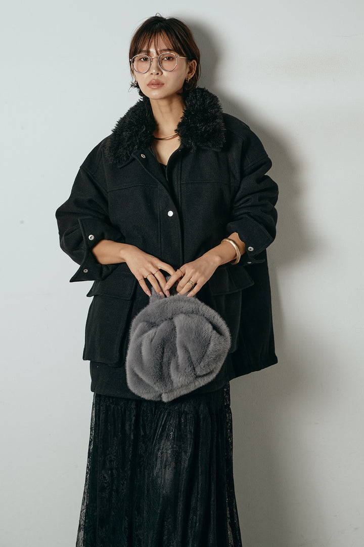 エコウール衿ファー薄中綿入りミドルカバーオール