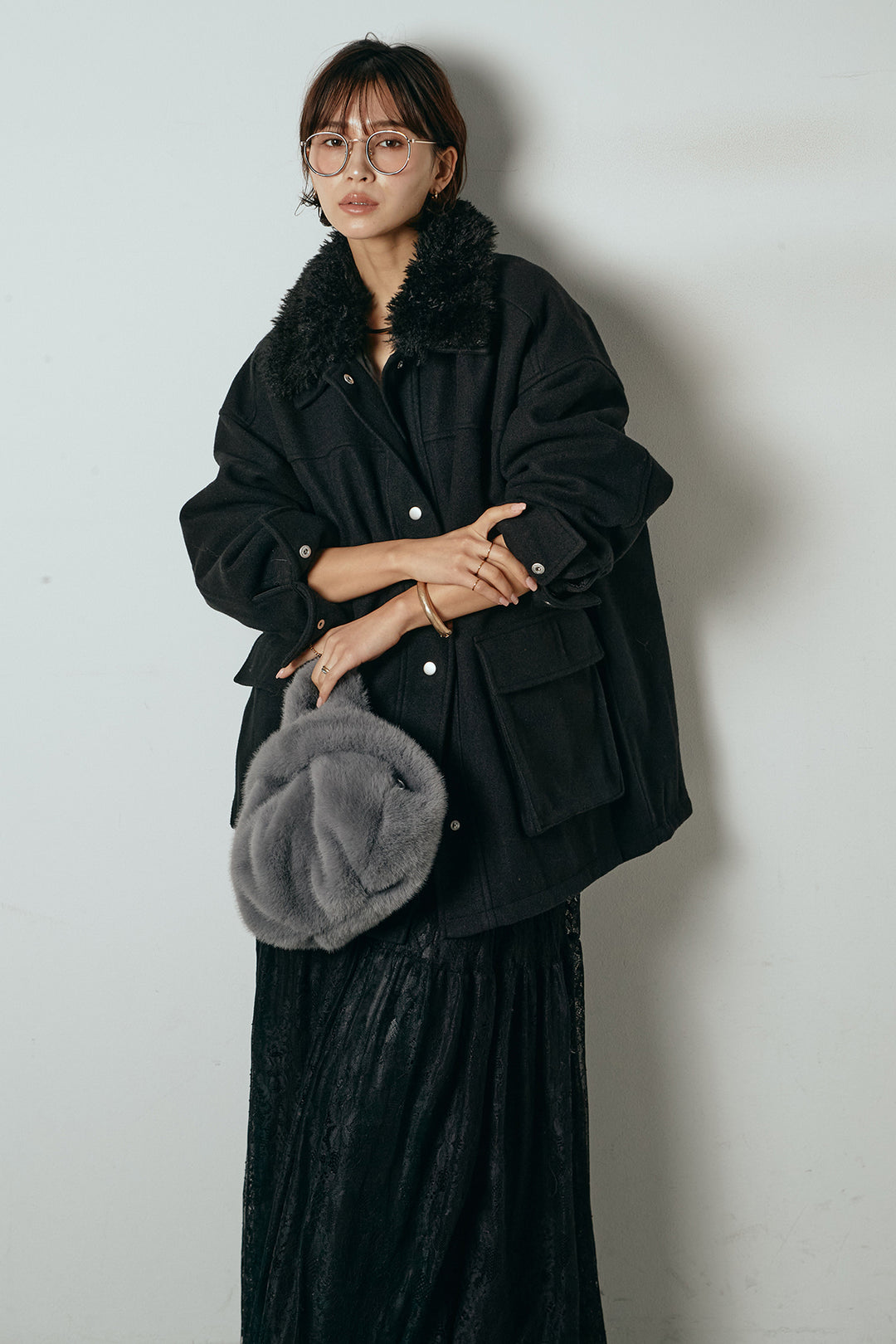 エコウール衿ファー薄中綿入りミドルカバーオール