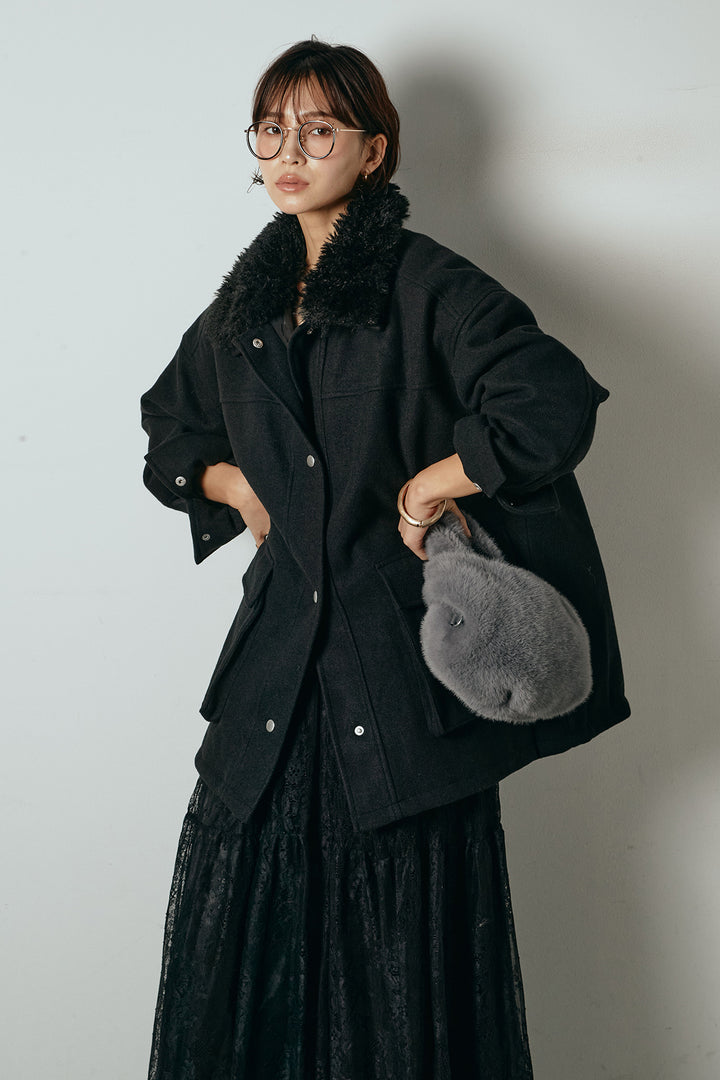 エコウール衿ファー薄中綿入りミドルカバーオール