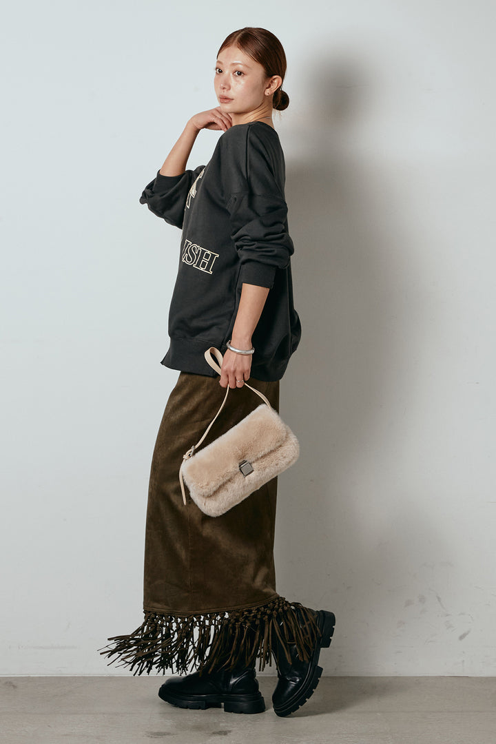 [SET]裏毛カレッジプリントプルオーバー+スウェードライク裾フリンジスカート(2set)